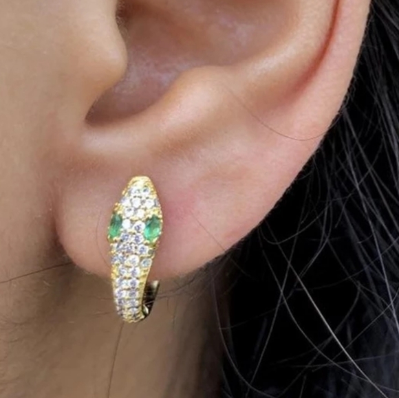 🐍Serpent Snake Hoop Stacking 925 Sterling Silver Yellow Gold Green Zircon Pave - Picture 3 of 16